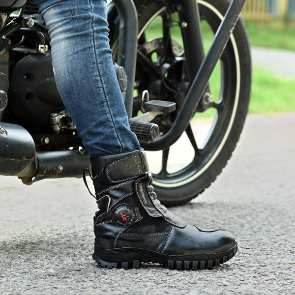 Kavacha Classic 8 inch Long Motorcycling Boot / Water Resistant / Rubber sole ( with Gear Shifter ) (Black)