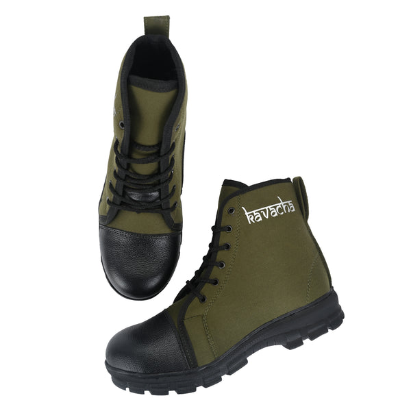 Kavacha Canvas & Leather Steel Toe Safety Shoe , S66 Boots For Men (Green) (Sale@349)